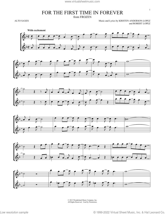 For The First Time In Forever (from Frozen) sheet music for two alto saxophones (duets) by Robert Lopez, Kristen Bell, Idina Menzel and Kristen Anderson-Lopez, intermediate skill level