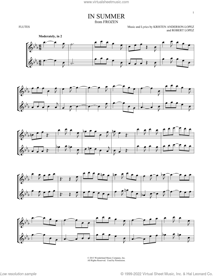 In Summer (from Frozen) sheet music for two flutes (duets) by Josh Gad, Kristen Anderson-Lopez and Robert Lopez, intermediate skill level