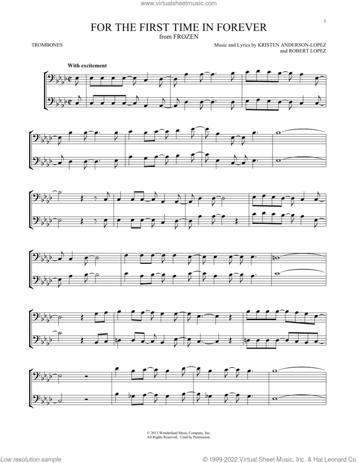 For The First Time In Forever (from Frozen) sheet music for two trombones (duet, duets) by Robert Lopez, Kristen Bell, Idina Menzel and Kristen Anderson-Lopez, intermediate skill level