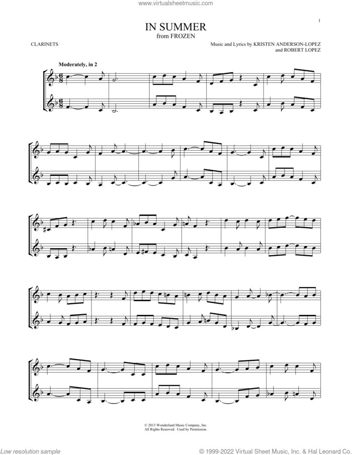 In Summer (from Frozen) sheet music for two clarinets (duets) by Josh Gad, Kristen Anderson-Lopez and Robert Lopez, intermediate skill level