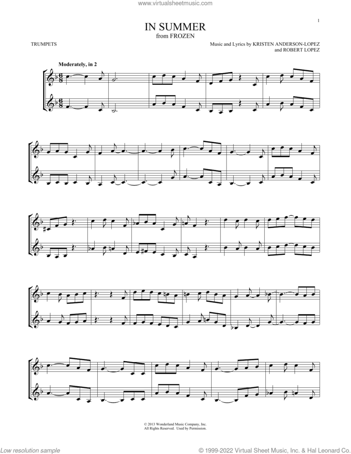 In Summer (from Frozen) sheet music for two trumpets (duet, duets) by Josh Gad, Kristen Anderson-Lopez and Robert Lopez, intermediate skill level