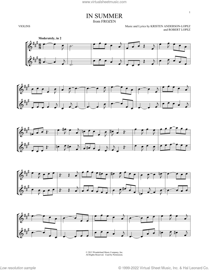 In Summer (from Frozen) sheet music for two violins (duets, violin duets) by Josh Gad, Kristen Anderson-Lopez and Robert Lopez, intermediate skill level