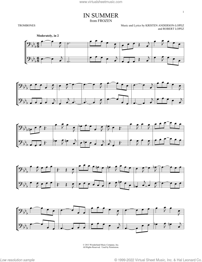 In Summer (from Frozen) sheet music for two trombones (duet, duets) by Josh Gad, Kristen Anderson-Lopez and Robert Lopez, intermediate skill level