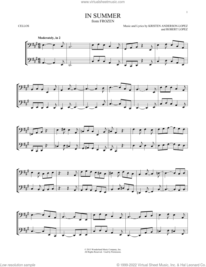In Summer (from Frozen) sheet music for two cellos (duet, duets) by Josh Gad, Kristen Anderson-Lopez and Robert Lopez, intermediate skill level