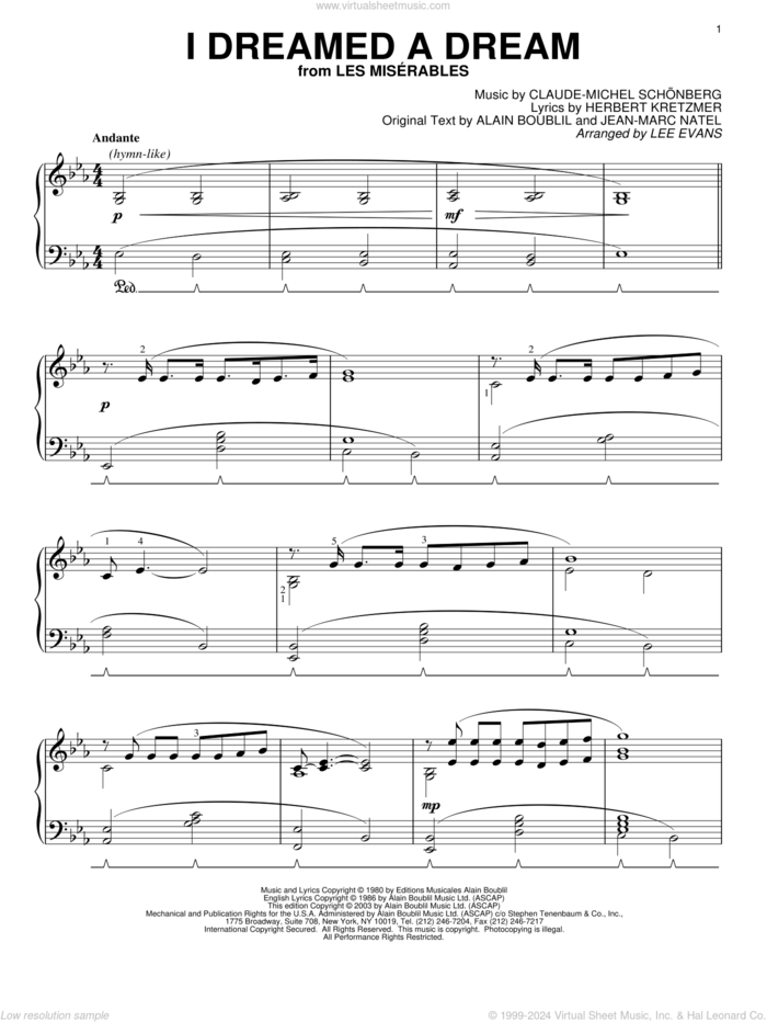 I Dreamed A Dream, (intermediate) sheet music for piano solo by Claude-Michel Schonberg, Lee Evans, Les Miserables (Musical), Alain Boublil, Herbert Kretzmer and Jean-Marc Natel, intermediate skill level