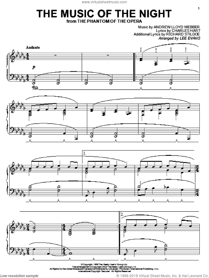The Music Of The Night (from The Phantom Of The Opera), (intermediate) sheet music for piano solo by Andrew Lloyd Webber, Lee Evans, The Phantom Of The Opera (Musical), Charles Hart and Richard Stilgoe, intermediate skill level