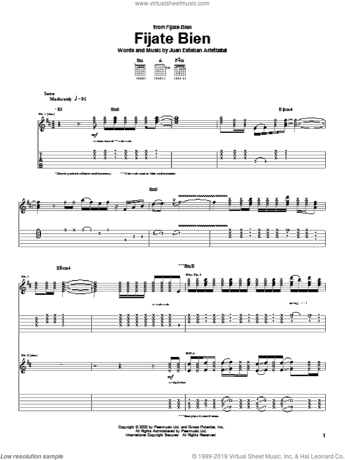 Fijate Bien sheet music for guitar (tablature) by Juanes and Juan Esteban Aristizabal, intermediate skill level