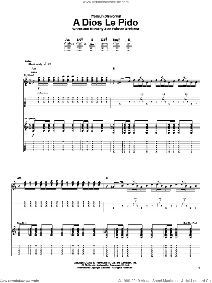 A Dios Le Pido sheet music for guitar (tablature) by Juanes and Juan Esteban Aristizabal, intermediate skill level