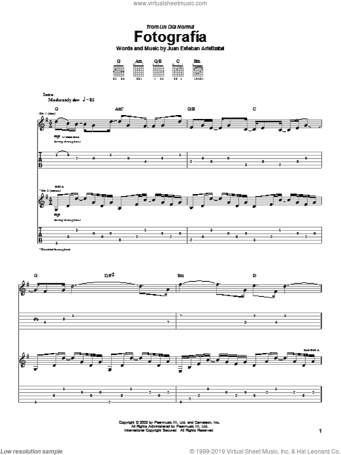 Fotografia sheet music for guitar (tablature) by Juanes and Juan Esteban Aristizabal, intermediate skill level