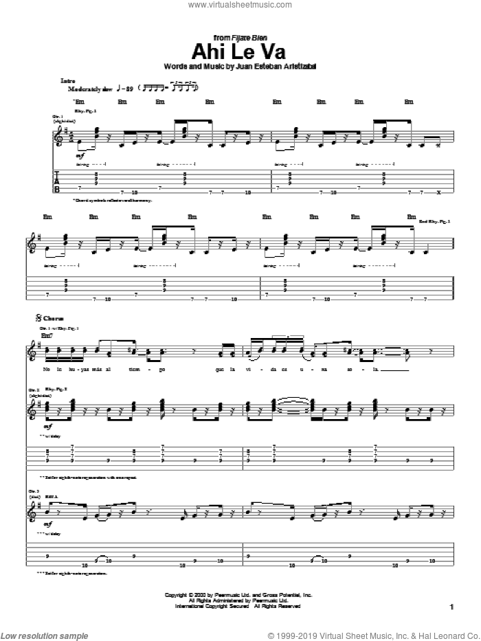 Ahi Le Va sheet music for guitar (tablature) by Juanes and Juan Esteban Aristizabal, intermediate skill level