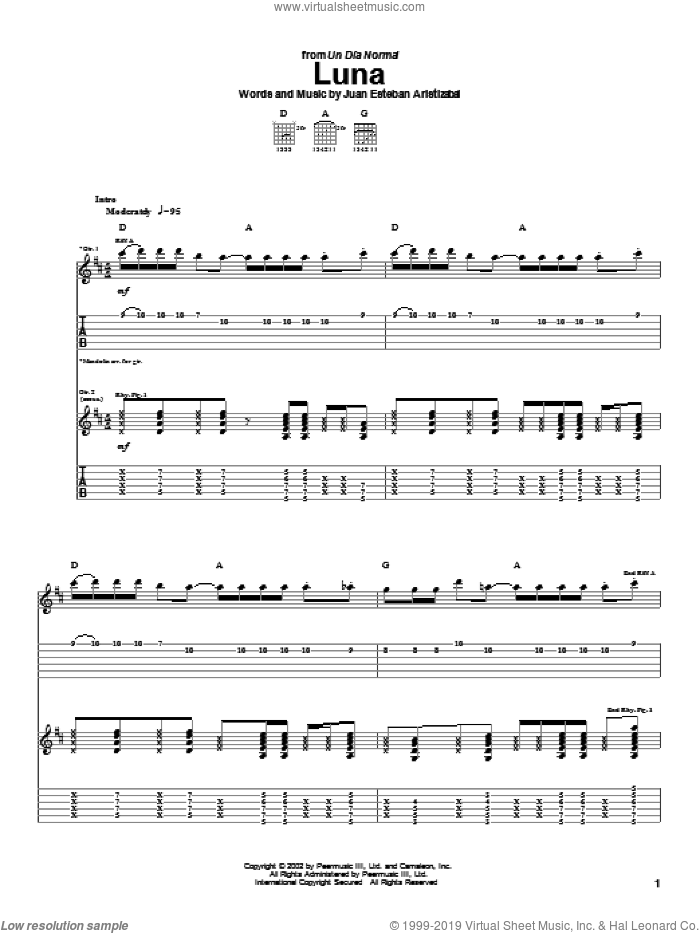 Luna sheet music for guitar (tablature) by Juanes and Juan Esteban Aristizabal, intermediate skill level