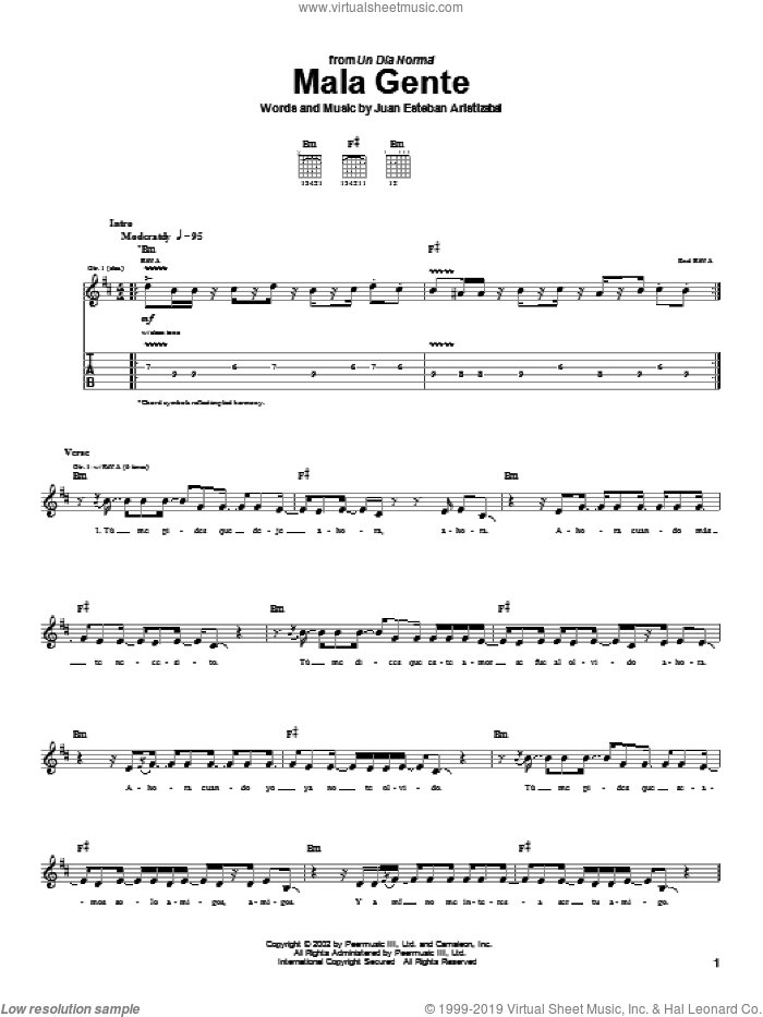 Mala Gente sheet music for guitar (tablature) by Juanes and Juan Esteban Aristizabal, intermediate skill level