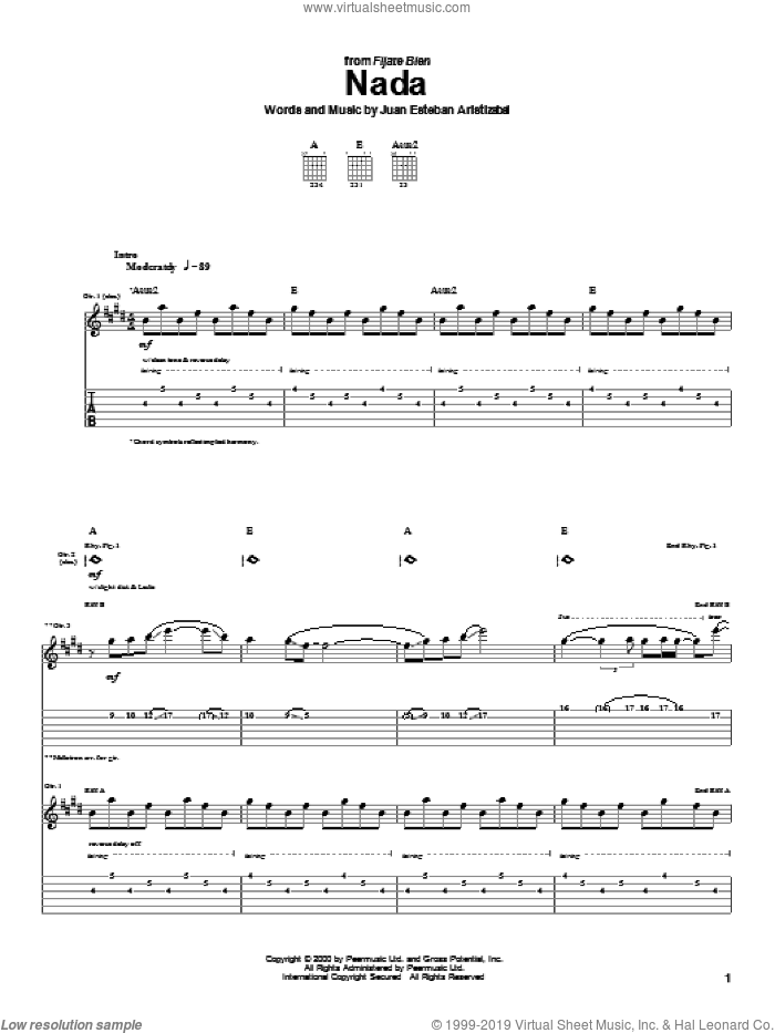 Nada sheet music for guitar (tablature) by Juanes and Juan Esteban Aristizabal, intermediate skill level