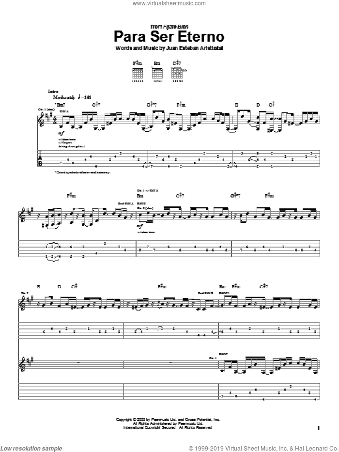 Para Ser Eterno sheet music for guitar (tablature) by Juanes and Juan Esteban Aristizabal, intermediate skill level