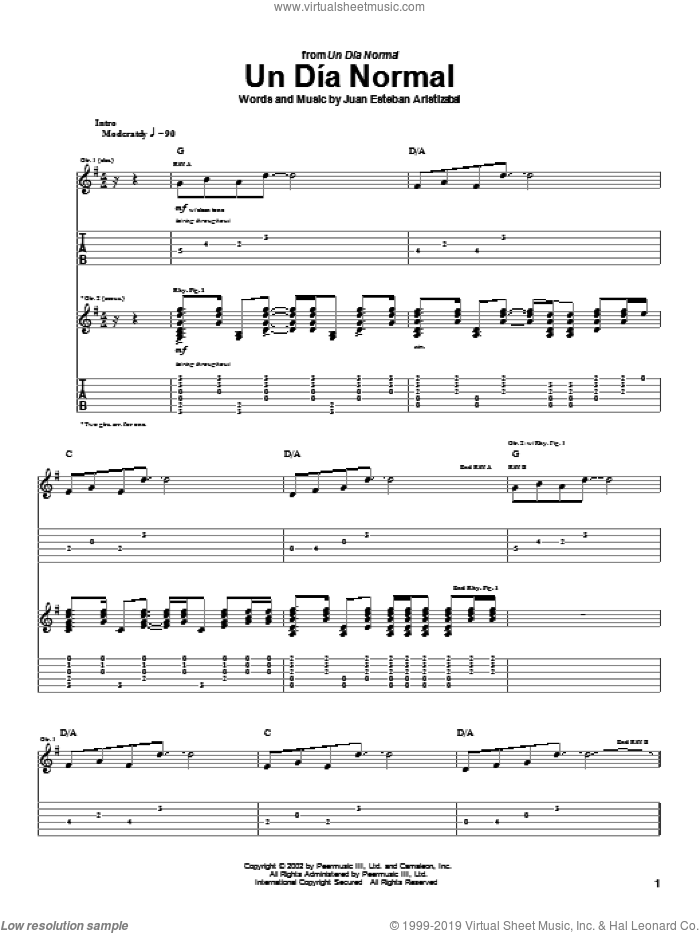 Un Dia Normal sheet music for guitar (tablature) by Juanes and Juan Esteban Aristizabal, intermediate skill level