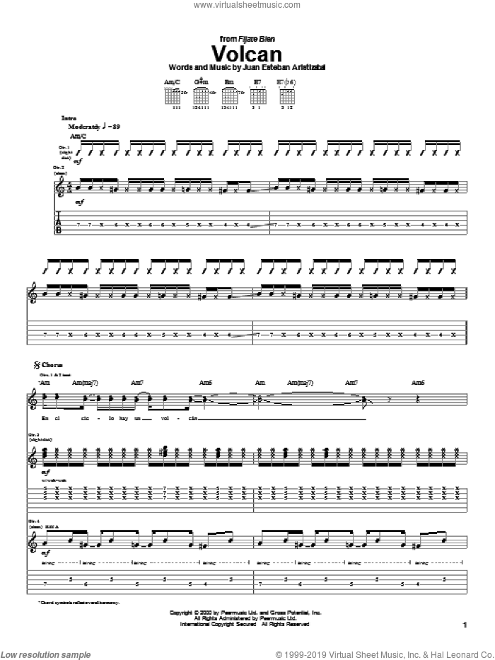Volcan sheet music for guitar (tablature) by Juanes and Juan Esteban Aristizabal, intermediate skill level