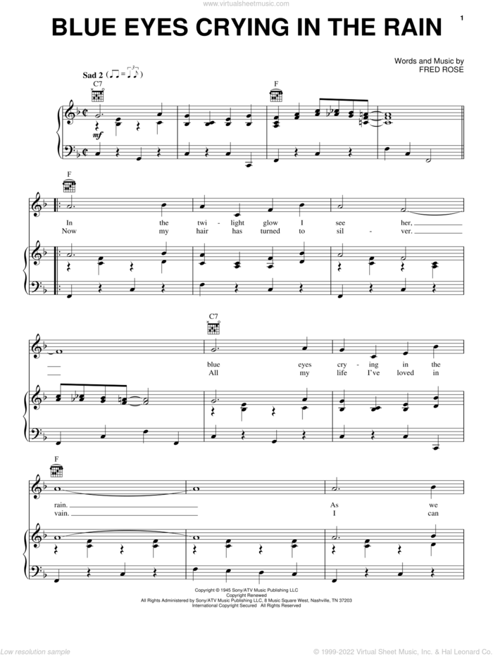 Blue Eyes Crying In The Rain sheet music for voice, piano or guitar by Willie Nelson, Elvis Presley and Fred Rose, intermediate skill level