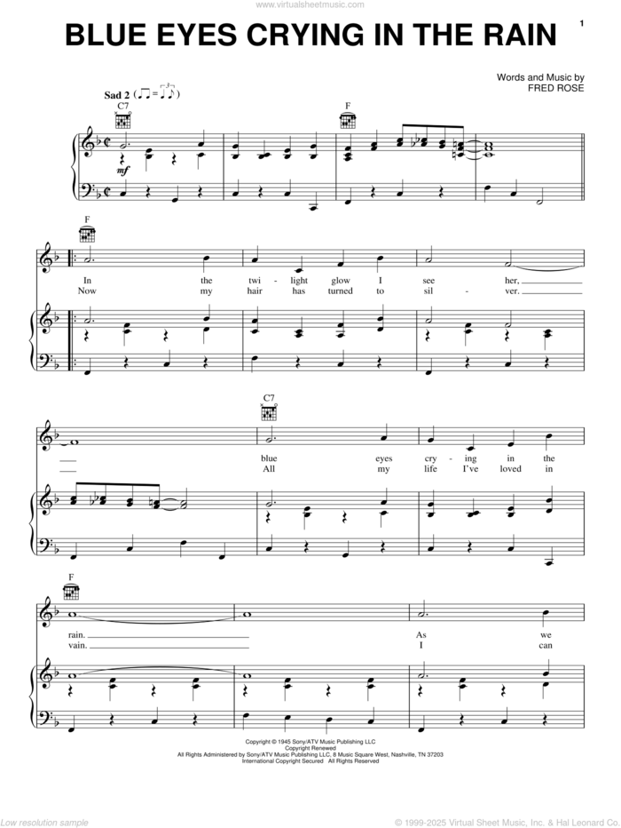 Blue Eyes Crying In The Rain sheet music for voice, piano or guitar by Willie Nelson, Elvis Presley and Fred Rose, intermediate skill level