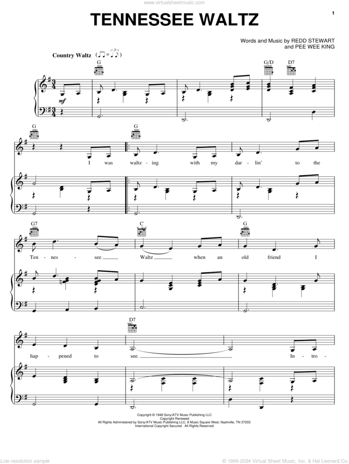 Tennessee Waltz sheet music for voice, piano or guitar by Patti Page, Les Paul, Patsy Cline, Pee Wee King and Redd Stewart, intermediate skill level