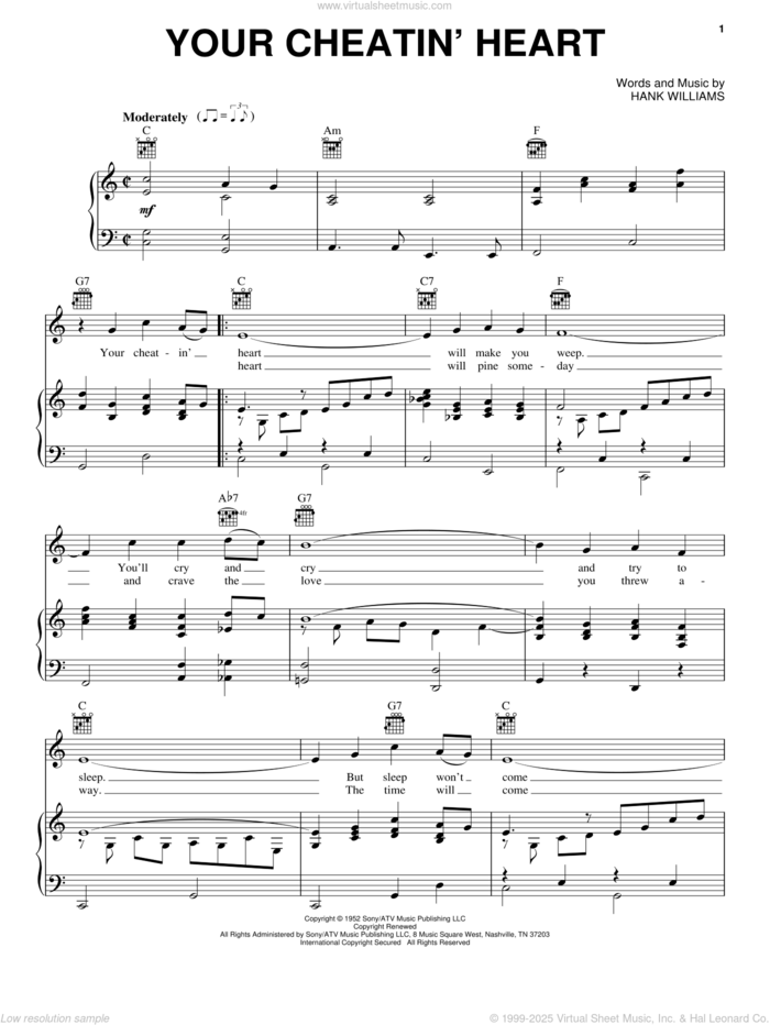 Your Cheatin' Heart sheet music for voice, piano or guitar by Hank Williams and Patsy Cline, intermediate skill level