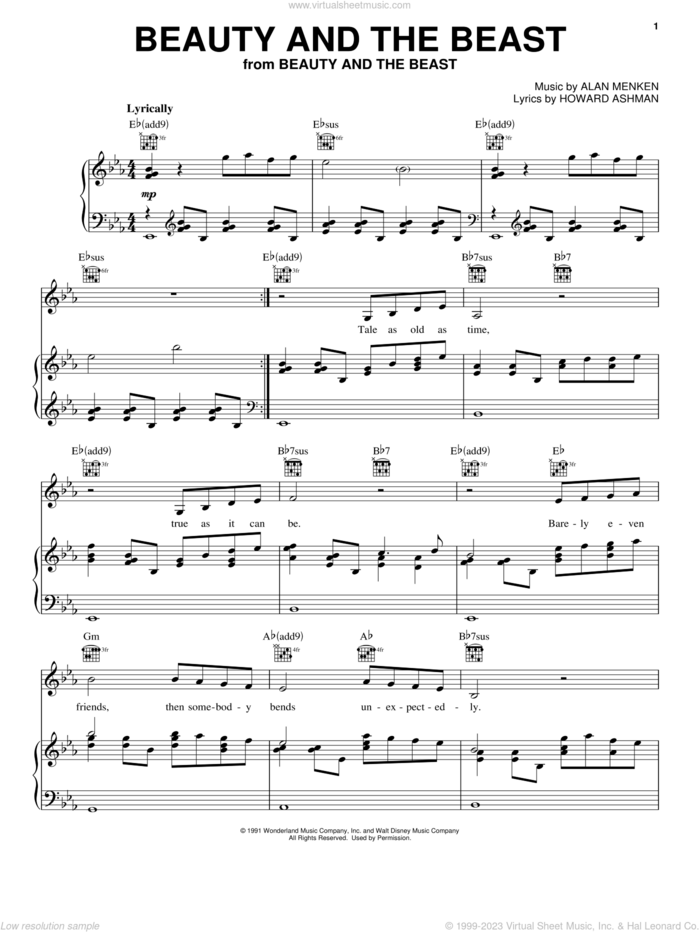 Beauty And The Beast sheet music for voice, piano or guitar by Alan Menken, Alan Menken & Howard Ashman, Angela Lansbury, Beauty And The Beast and Howard Ashman, intermediate skill level