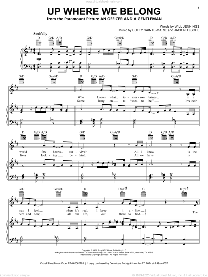 Up Where We Belong sheet music for voice, piano or guitar by Joe Cocker, BeBe & CeCe Winans, Jennifer Warnes, Buffy Sainte-Marie, Jack Nitzche and Will Jennings, intermediate skill level