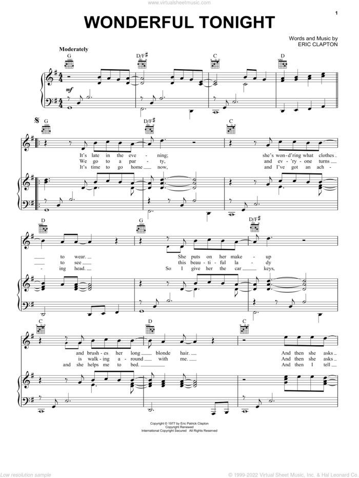 Wonderful Tonight sheet music for voice, piano or guitar by Eric Clapton and David Kersh, wedding score, intermediate skill level