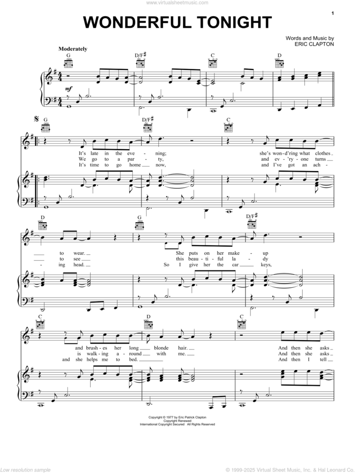 Wonderful Tonight sheet music for voice, piano or guitar by Eric Clapton and David Kersh, wedding score, intermediate skill level