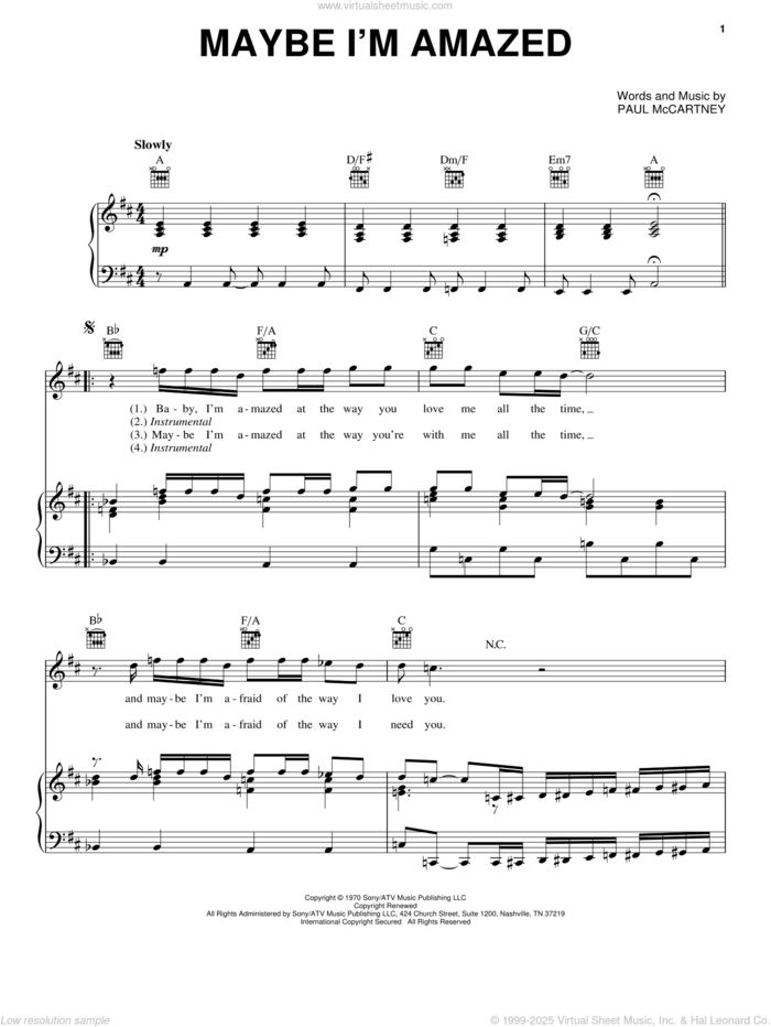 Maybe I'm Amazed sheet music for voice, piano or guitar by Paul McCartney, intermediate skill level