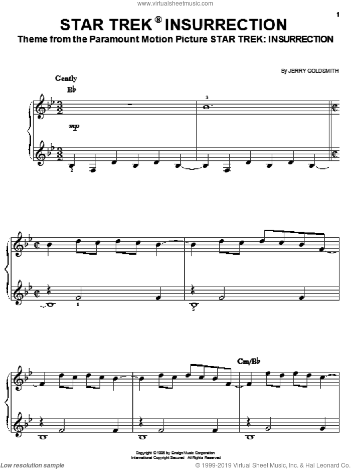 Star Trek Insurrection sheet music for piano solo by Jerry Goldsmith and Star Trek(R), easy skill level