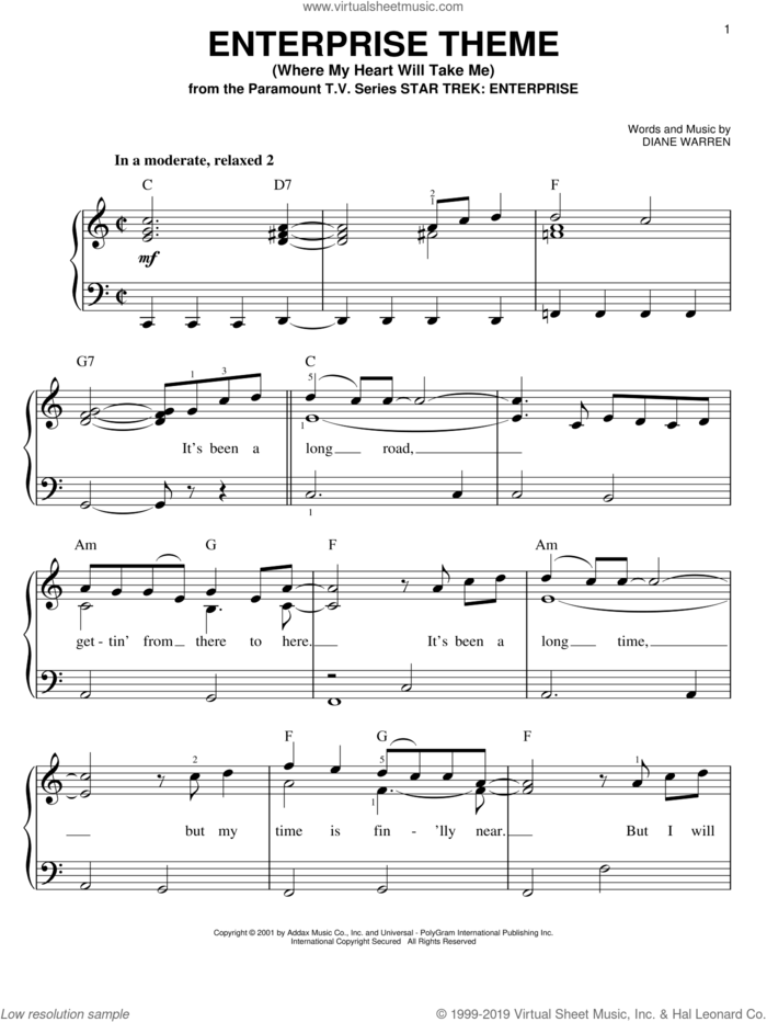 Enterprise Theme (Where My Heart Will Take Me) sheet music for piano solo by Diane Warren and Star Trek(R), easy skill level