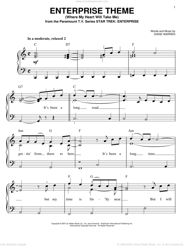 Enterprise Theme (Where My Heart Will Take Me) sheet music for piano solo by Diane Warren and Star Trek(R), easy skill level