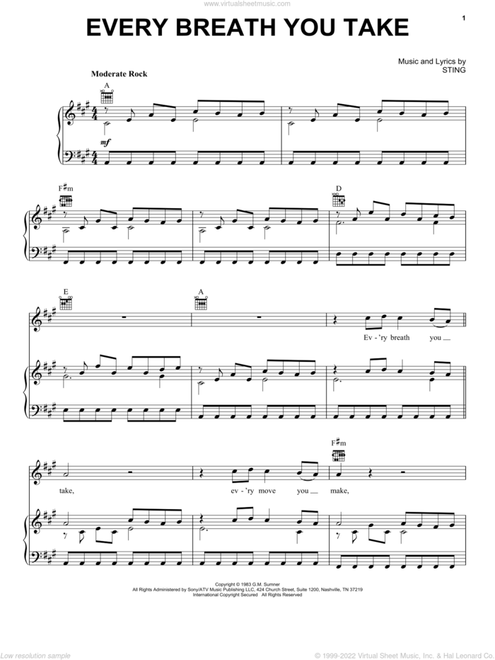 Every Breath You Take sheet music for voice, piano or guitar by The Police and Sting, intermediate skill level