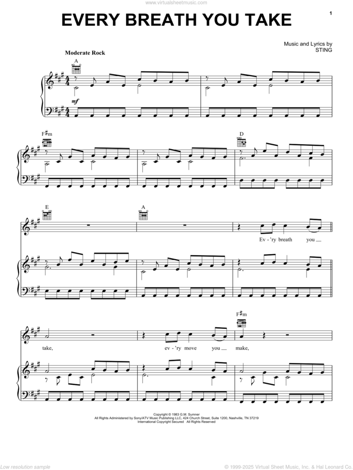 Every Breath You Take sheet music for voice, piano or guitar by The Police and Sting, intermediate skill level