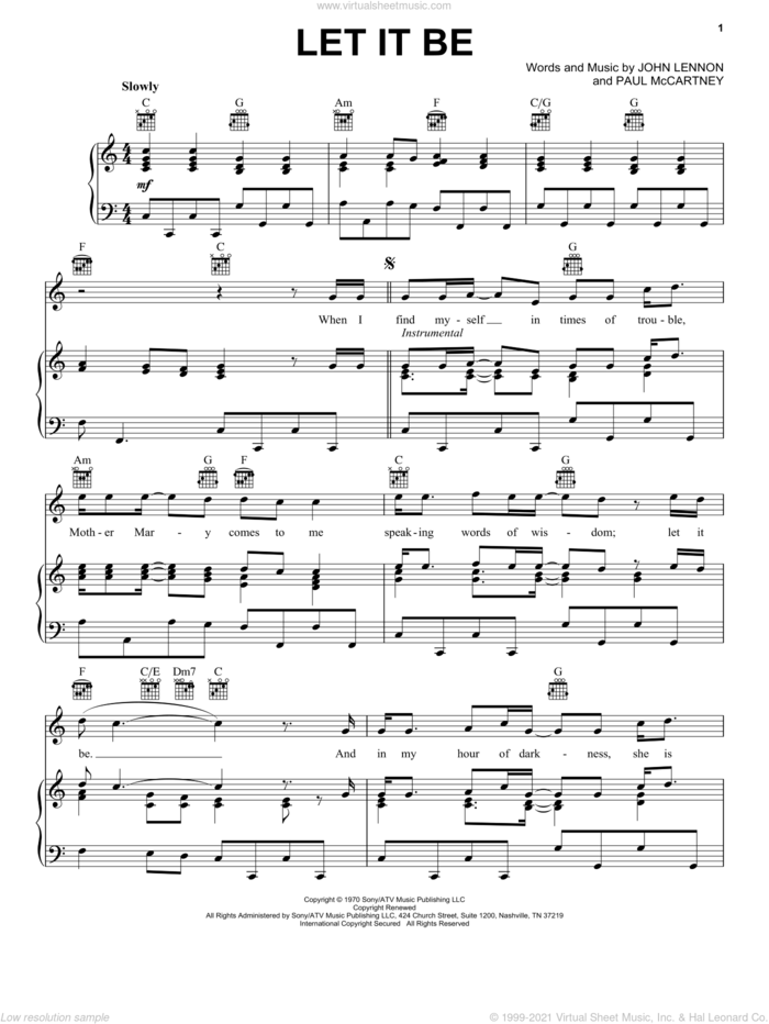 Let It Be sheet music for voice, piano or guitar by The Beatles, Across The Universe (Movie), Billy Preston, John Lennon and Paul McCartney, intermediate skill level