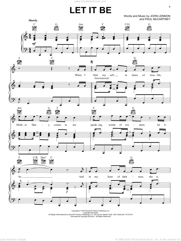 Let It Be sheet music for voice, piano or guitar by The Beatles, Across The Universe (Movie), Billy Preston, John Lennon and Paul McCartney, intermediate skill level