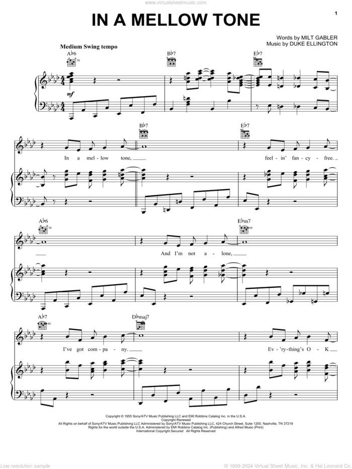 In A Mellow Tone sheet music for voice, piano or guitar by Duke Ellington, Count Basie, Ella Fitzgerald and Milt Gabler, intermediate skill level