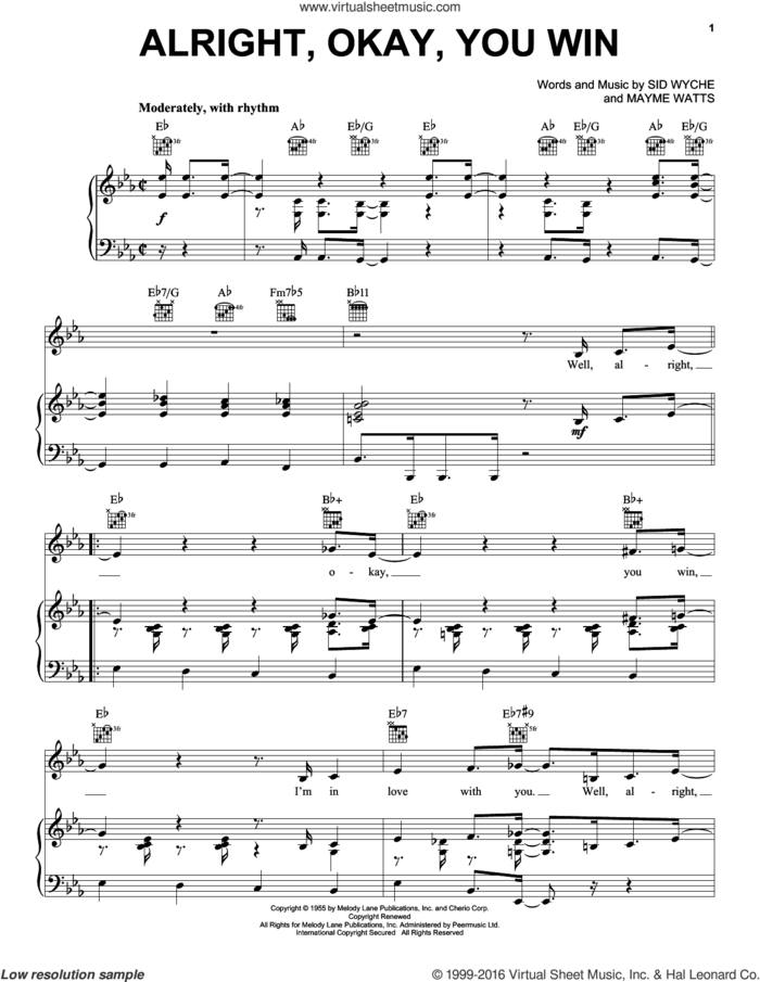 Alright, Okay, You Win sheet music for voice, piano or guitar by Peggy Lee, Mayme Watts and Sid Wyche, intermediate skill level