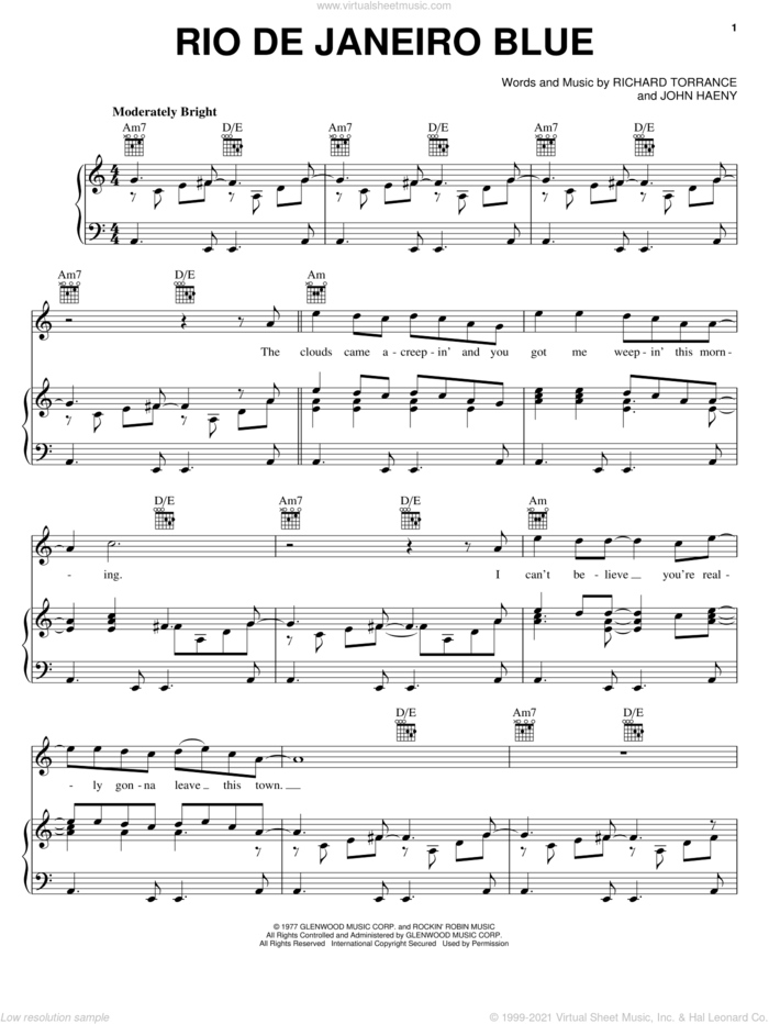 Rio De Janeiro Blue sheet music for voice, piano or guitar by Randy Crawford, Freddy Cole, John Haeny and Richard Torrance, intermediate skill level
