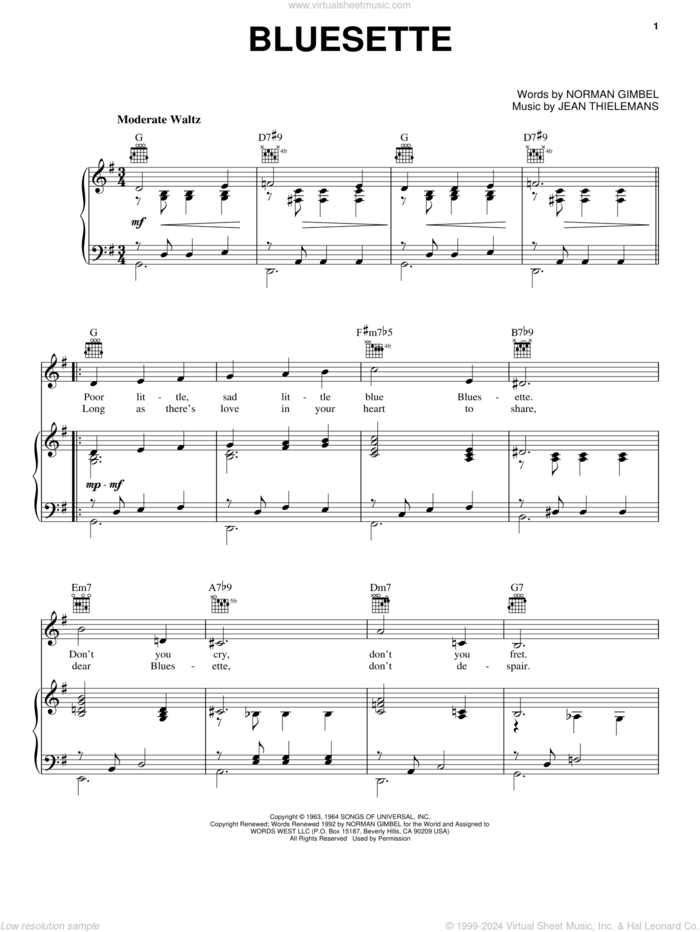 Bluesette sheet music for voice, piano or guitar by Toots Thielemans, Sarah Vaughn, Toots Thielmans, Jean Thielemans and Norman Gimbel, intermediate skill level