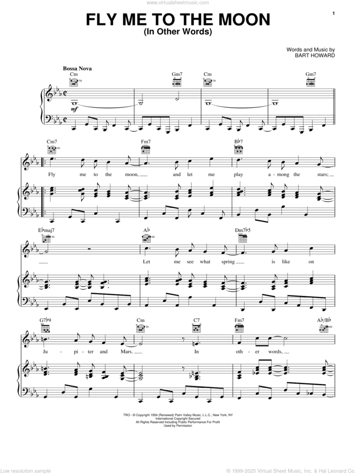 Fly Me To The Moon (In Other Words) sheet music for voice, piano or guitar by Frank Sinatra, Tony Bennett and Bart Howard, wedding score, intermediate skill level