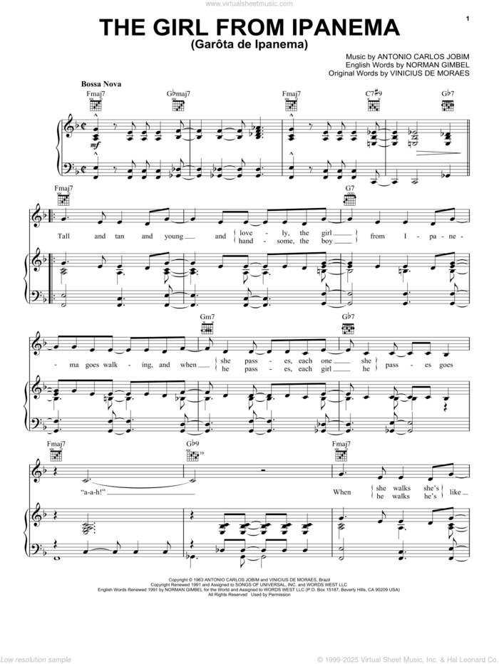 The Girl From Ipanema (Garota De Ipanema) sheet music for voice, piano or guitar by Frank Sinatra, John Pizzarelli, Antonio Carlos Jobim, Norman Gimbel and Vinicius de Moraes, intermediate skill level