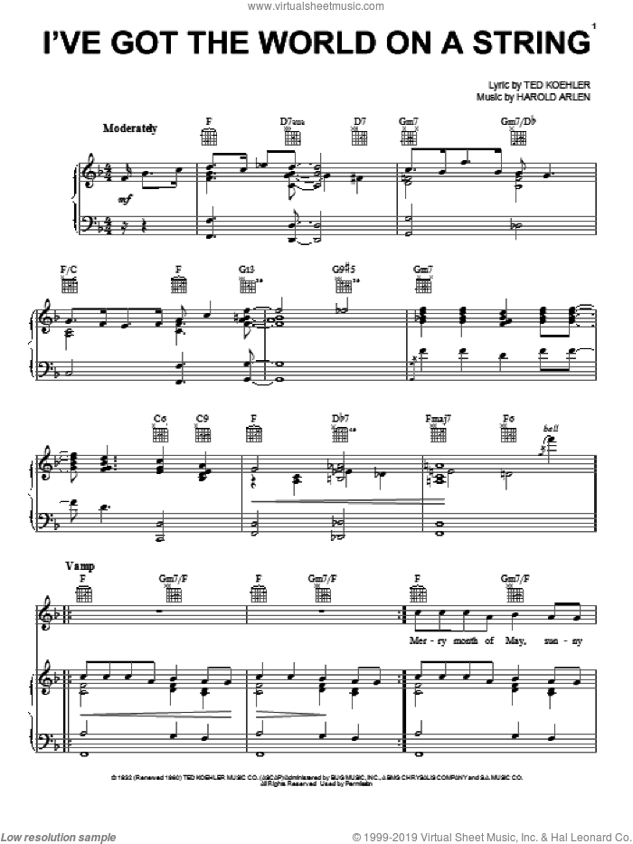 I've Got The World On A String sheet music for voice, piano or guitar by Frank Sinatra, Harold Arlen and Ted Koehler, intermediate skill level