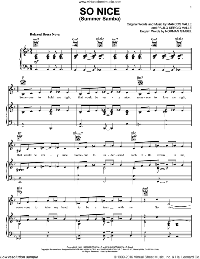 So Nice (Summer Samba) sheet music for voice, piano or guitar by Marcos Valle, Norman Gimbel and Paulo Sergio Valle, intermediate skill level