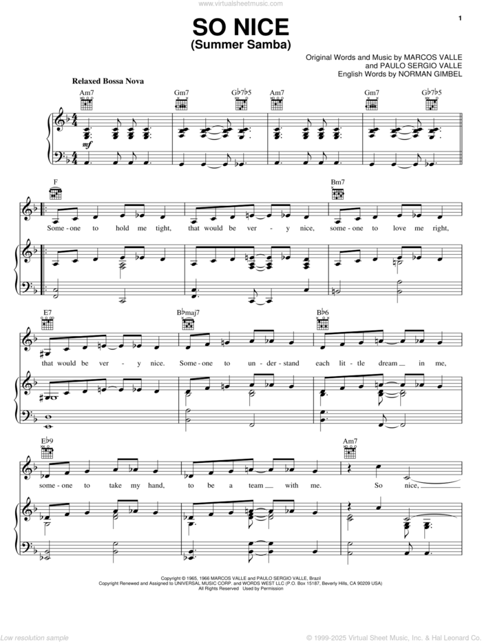 So Nice (Summer Samba) sheet music for voice, piano or guitar by Marcos Valle, Norman Gimbel and Paulo Sergio Valle, intermediate skill level