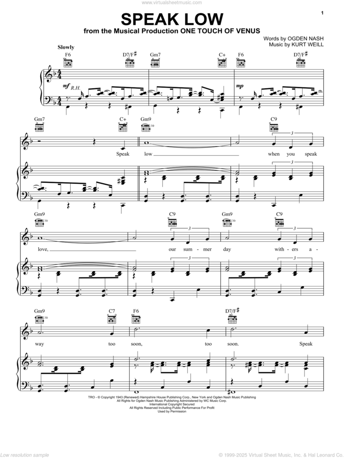 Speak Low sheet music for voice, piano or guitar by Kurt Weill and Ogden Nash, intermediate skill level