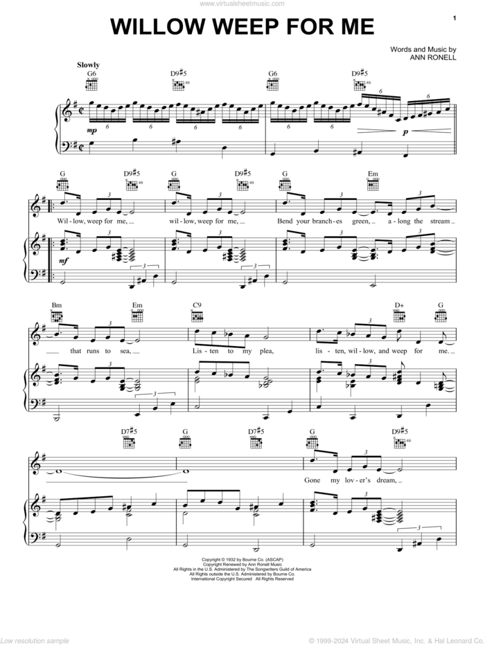 Willow Weep For Me sheet music for voice, piano or guitar by Billie Holiday, Art Tatum, Sarah Vaughan and Ann Ronell, intermediate skill level
