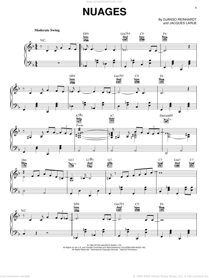 Nuages sheet music for voice, piano or guitar by Django Reinhardt and Jacques Larue, intermediate skill level