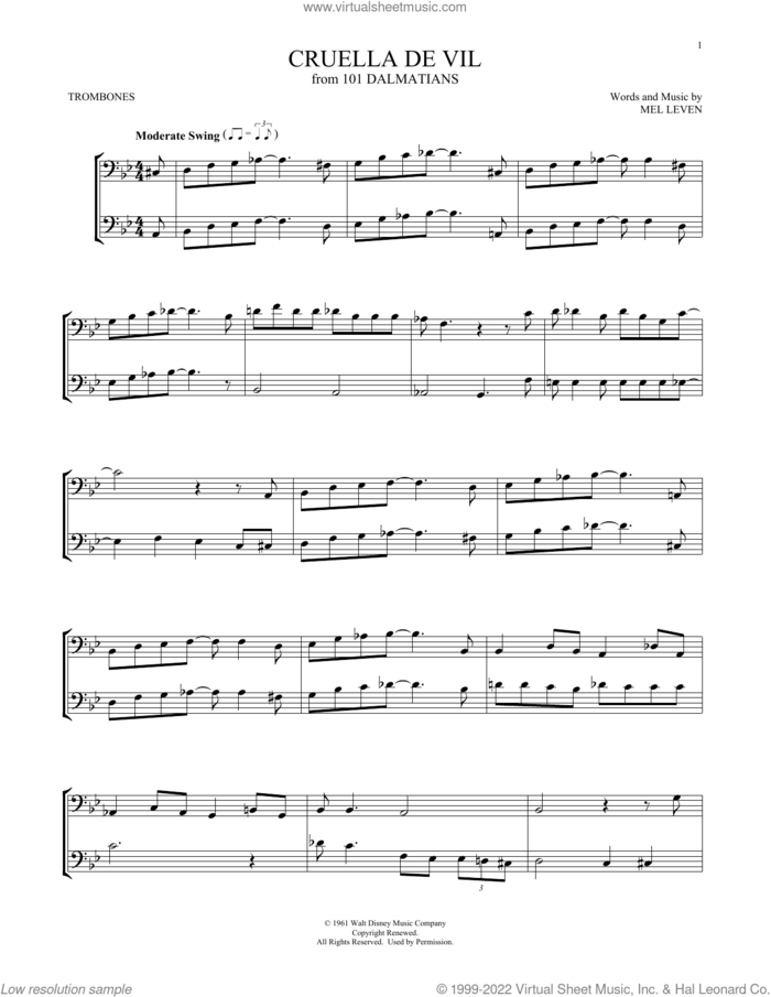 Cruella De Vil (from 101 Dalmatians) sheet music for two trombones (duet, duets) by Mel Leven, intermediate skill level