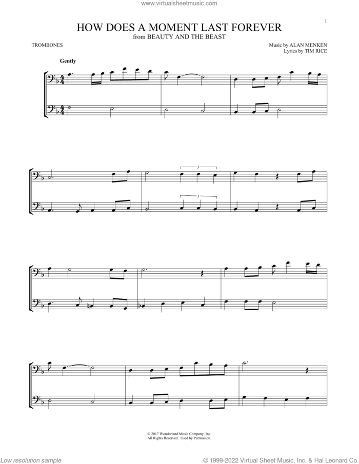 How Does A Moment Last Forever (from Beauty And The Beast) sheet music for two trombones (duet, duets) by Celine Dion, Alan Menken and Tim Rice, intermediate skill level